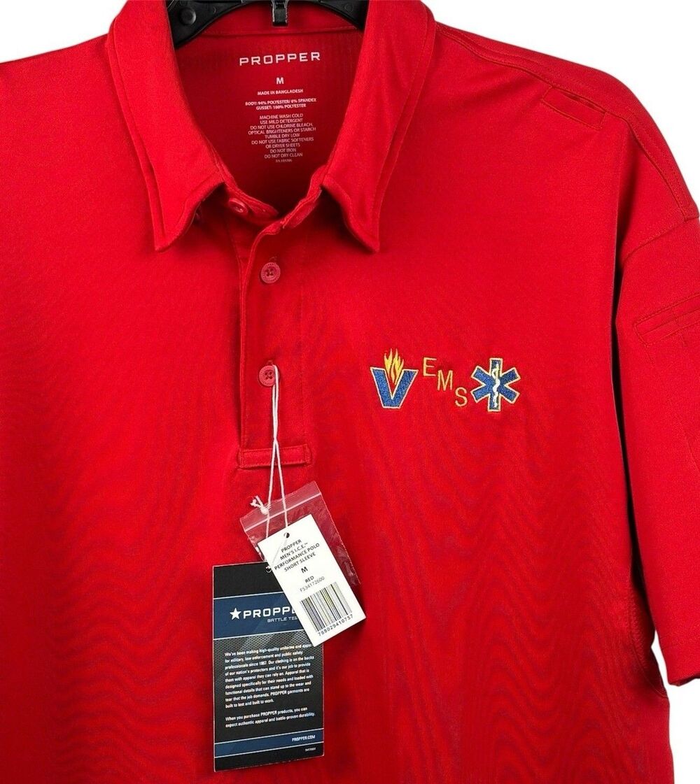 NEW PROPPER MENS Medium I.C.E. Performance Polo “V EMS” Short Sleeve RED